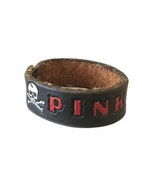 Vintage 70s Pink Floyd Black Leather Wristband Bracelet with Skull Design
